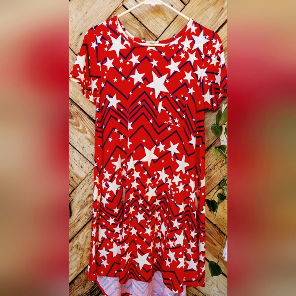 LulaRoe Americana Carly. Red w/white stars and deep blue zigzags XS